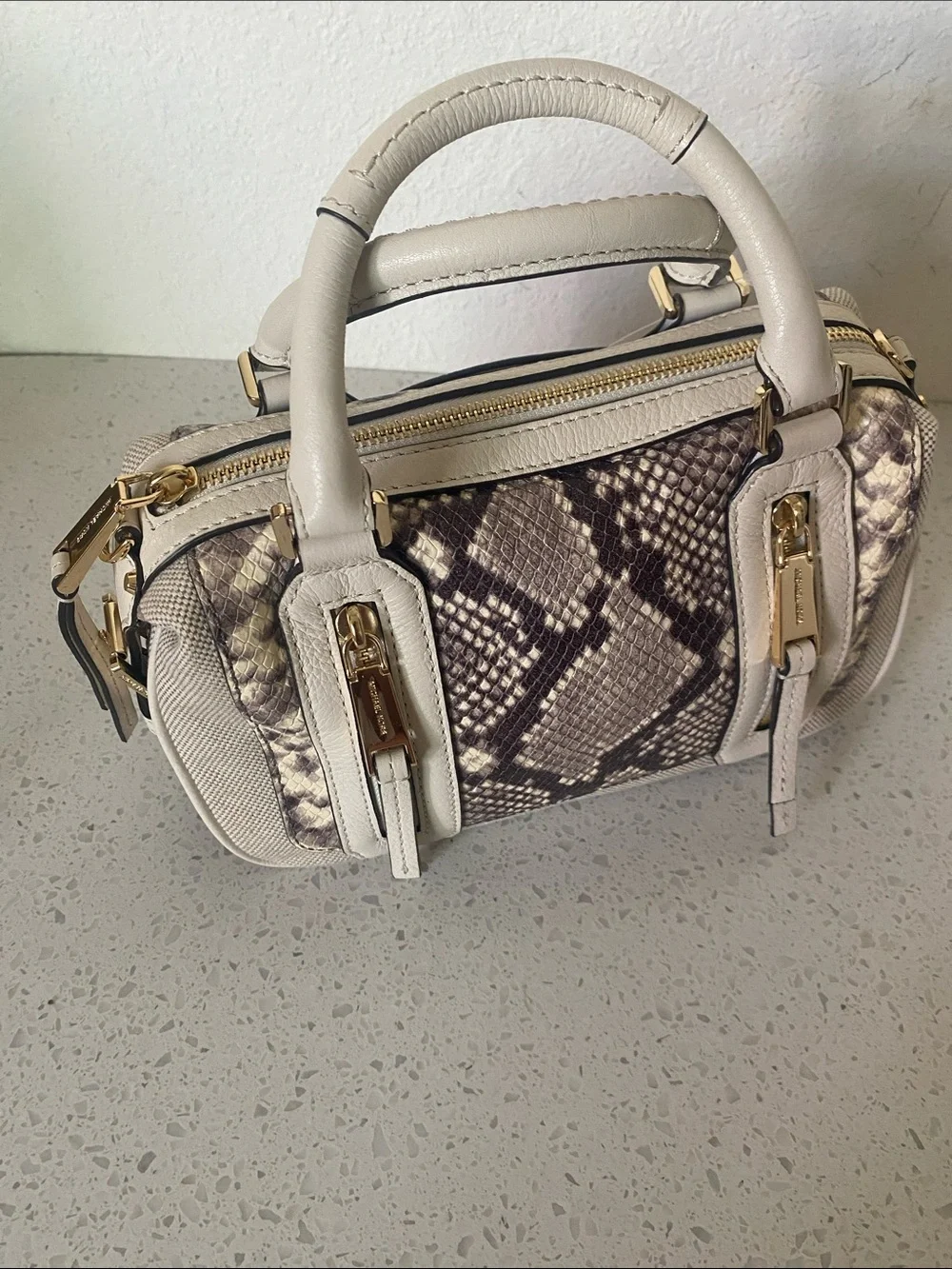 Michael Kors Cream Leather Top-Handle Satchel with Brown Snake-Print
